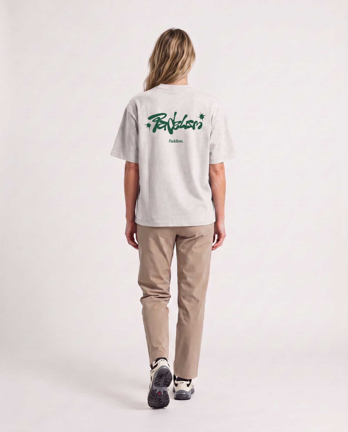 Vibe - Heavyweight T-Shirt in Oat Gray, worn on model, woman, back walk